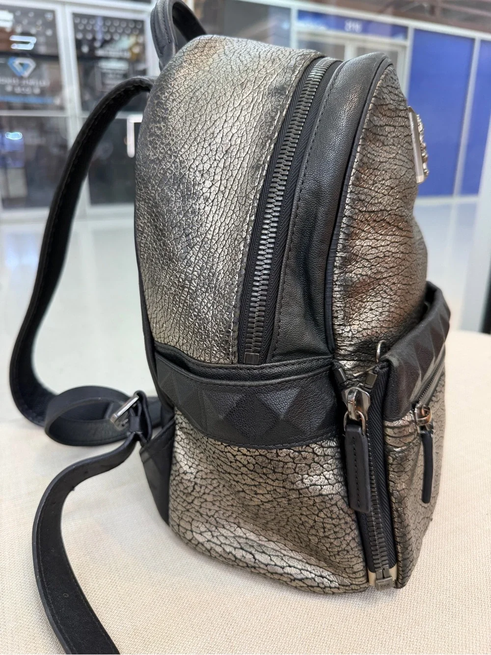 MCM Metallic Black Textured Backpack with pouch